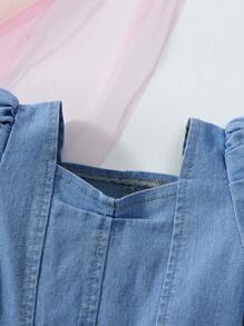 Elladie kids Denimly 女婴休闲都市浅色水洗牛仔连衣裙，粉色蝴蝶和心形泡泡袖 - 中等水洗藍 - 查看 4