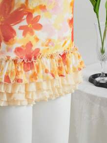 Sweetina Váy mini xếp lớp nơ bèo nhún in hoa - trái cam - Xem 3