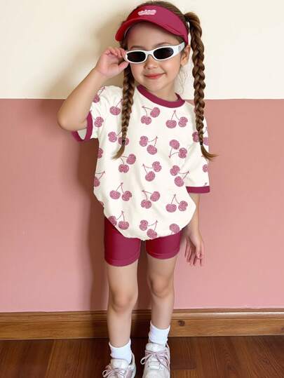 SHEIN Leap Crew Cute Vintage Pink Leopard & Cherry Pattern Young Girl Casual Loose Short Sleeve T-Shirt And Shorts 2 Pieces Set, Cherry Red, Suitable For Summer