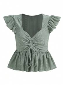 Soleia Butterfly Sleeve Drawstring Peplum Schiffy Blouse - Mint Green - View 3