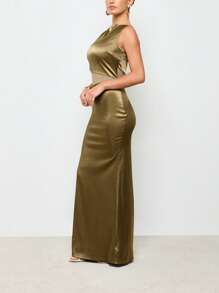AiiRZ Vestido de noche elegante de satén con diseño de sirena, detalle de recorte en la cintura, largo, para ocasiones formales, bodas, fiestas, bailes de graduación, con diseño sin mangas - Verde - Ver 6