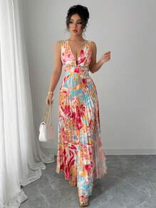 Elenzga Vestido sexy con abertura lateral fruncido, cuello en pico y sin mangas con estampado floral ditsy para festival y vacaciones para mujer