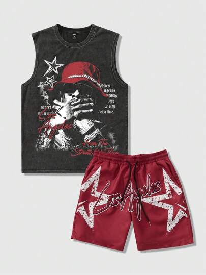 Street Life 2pcs/Set Men Hip Hop Portrait Print Sleeveless Top And Shorts Casual Outfit, Suitable For Spring And Summer