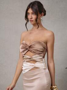 L'Amorae Women's Elegant Wedding Guest Color Block Soft Coffee Latte Satin Ruched Top - Multicolor - View 1