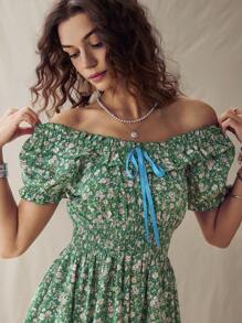 SHEIN LUNE Vestido mini con volantes y estampado floral verde de estilo western americano para vacaciones en el campo, vestido de mujer para Pascua, vestidos primaverales para mujeres, vestidos cortos para concierto country, ropa de verano, atuendos de maestra, vestido de fiesta de té, ropa bohemia para mujer - Verde - Ver 6
