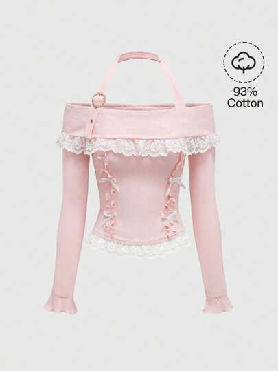 Kawaii Camiseta de mujer tipo himekaji con lazo decorativo en el escote, diseño dulce y lindo, para la primavera