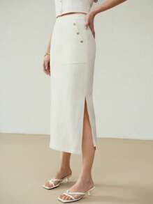 MOTF PREMIUM 亚麻混纺侧开衩纽扣细节半身裙