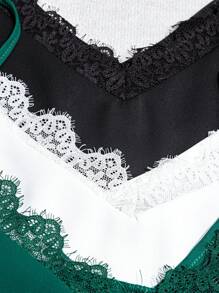 SHEIN Clasi 3 قطع/مجموعة كاميسول نسائي أنيق بتصميم دانتيل مرقع، لون سادة، ملابس صيفية عملية كاجوال للأعمال، أخضر داكن، إطلالات أنيقة للمواعيد والعطلات والشاطئ والمنتجع - متعدد الألوان - مشاهدة 5