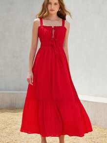 Aveloria Rosie Elegante abito lungo a-line da donna in stile francese, con scollo a bretelle, vita arricciata e balza con volant
