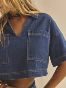 Aralina 靛蓝色牛仔布 V 领短袖口袋短款休闲上衣和短裙两件套