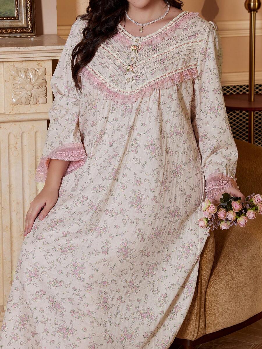 PalaceNights Contrast Lace Patchwork Half-Open V-Neck Faux Pearl Button Decor Plus Size Floral Long Sleeve Nightgown, Moo Moo Sleep Dress, Fall, Winter