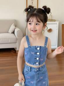 Conjunto de top de tirantes con bordado de lazo y falda vaquera de cintura elástica para niña