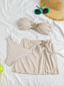 Soleia Women's Fashion Vacation Style Textured Fabric Metallic Seascape Animal Print Bandeau Bikini Set, Tube Top