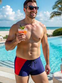 Manfinity VDAYZ Bóxer de baño slim fit de cintura con cordón y contraste de color, adecuado para el verano, talla grande para hombre