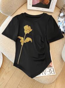 Chiquease Camiseta casual elegante com lantejoulas, malha floral 3D e babados, manga curta - Preto - Ver 1