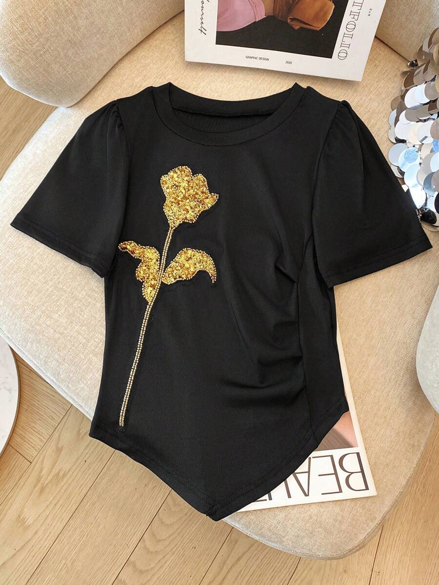 Chiquease Camiseta casual elegante com lantejoulas, malha floral 3D e babados, manga curta - Preto - Ver 1