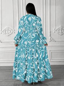 Maweii Váy Maxi in hoa tay bồng cỡ lớn cho nữ, đi nghỉ - Màu xanh lam - Xem 2