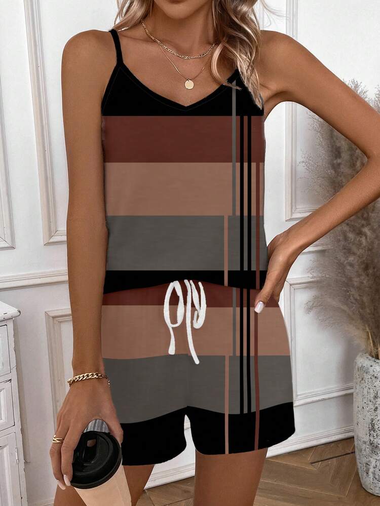 2pcs/Set Summer Women Casual Minimal Color Block Pattern Set