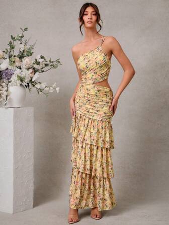 L'Amorae 优雅婚礼宾客单肩镂空层叠荷叶边长裙