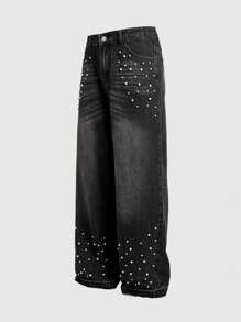 ROMWE MEN ROMWE Avant Pantalones vaqueros casuales de moda para hombres con adorno de perla falsa lavada