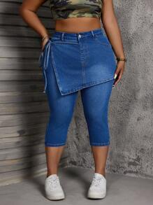 SHEIN CURVE+ Jeans skinny court grande taille avec sangles latérales pour femmes