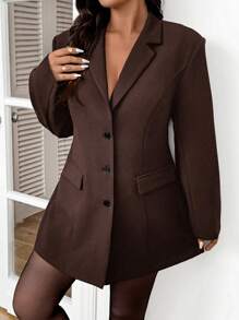 SHEIN Frenchy Plus Size Solid Color Front Button Belted Elegant Long Sleeve Blazer Jacket,Winter