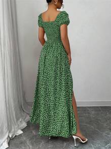 Rafferiza 女士度假浪漫优雅碎花褶皱泡泡袖收腰 A 字休闲节日情人节场合蝴蝶结后背吊带连衣裙，多种穿着风格，春夏新品毕业春季连衣裙海滩女士服装太阳开衩长款连衣裙 - 墨綠色 - 查看 2