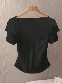 女士优雅荷叶边纽扣修身短袖T恤 - 黑色 - 查看 2