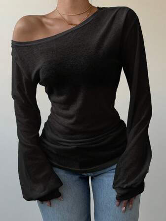Siren Gaze Spring And Summer Women's Solid Color Slope Collar Long-Sleeved T-Shirt For Women Casual Loose Lazy Style See-Through Blouse Beach Vacation Style Top For Women Off The Shoulder Top