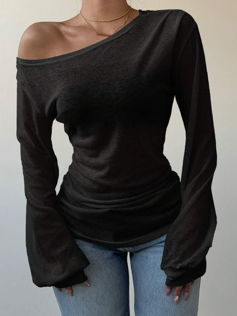 Siren Gaze 春夏女装纯色斜领长袖T恤女休闲宽松休闲风格透视上衣沙滩度假风女装露肩上衣 - 黑色 - 查看 1