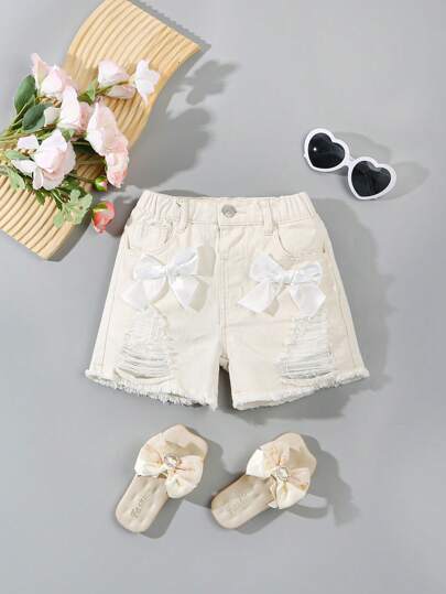 SHEIN Young Girl' Summer Denim Shorts, High Waist Snug Fit Bowknot Ripped Shorts, Sold Individually Without Accessories