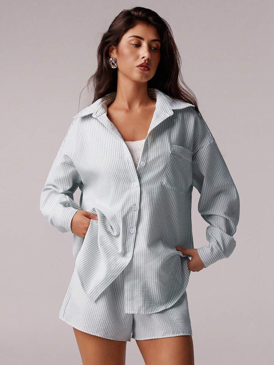 Forever 21 2pcs/Set Women Casual Striped Button-Front Long Sleeve Shirt And Shorts - Blue and White - View 1