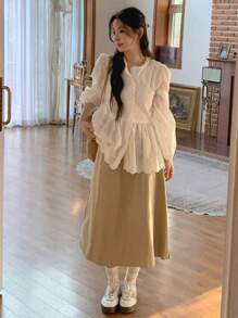 DAZY Women/Teen's Casual Solid Color Ruffle Hem Long Sleeve Blouse Fall