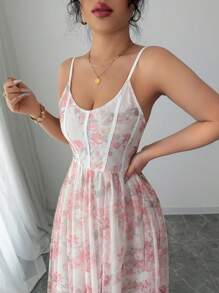 Elenzga 碎花无袖束腰 A 字形网眼优雅浪漫女士夏季连衣裙，适合毕业和度假 - 彩色 - 查看 4