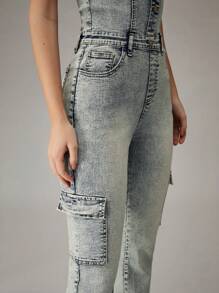 Easelle Women's Washed Blue Denim Jumpsuit With Button Front, Pocket Details - Medium Wash - View 6