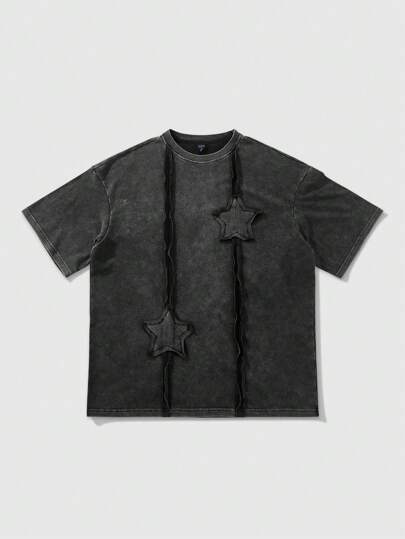Grunge Punk Men's Summer Street Style Patchwork Denim Five-Pointed Star Embroidery Washed Crinkle Short Sleeve T-Shirt