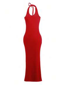 INAWLY Women's Sexy Backless Halter Dress, Solid Color Summer - Red - View 2