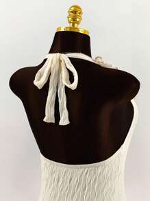 Amplova Ruffled Wrap-Around Ribbon Tie Neck Backless Floral Lace Trim Bodycon Mini Dress