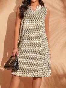 EMERY ROSE Plus Size Women Geometric Print V-Neck Sleeveless Casual Pockets Dress