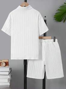 SHEIN 2pcs Toddler Boys Textural 3D Pattern Collared Shirt And Casual Shorts Set, School, Campus, College Summer Holiday - White - View 2