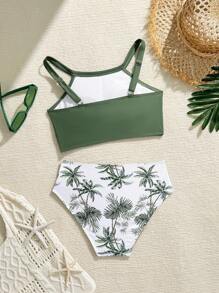 SHEIN Tween Girls Fashion Casual Solid Color Crop Top And Floral Print Bikini Tankini Set