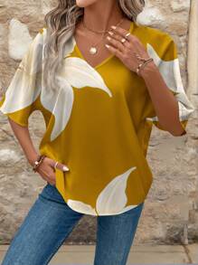 EMERY ROSE Blusa holgada de estilo casual con estampado floral y cuello en V de manga 3/4, adecuada para el verano