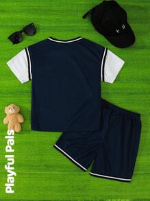 Conjunto deportivo de verano para niños, con top de 2 piezas con estampado de oso en azul marino y shorts