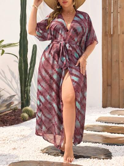 Swim Mulvari Cubreplaya de talla grande para mujer con estampado digital aleatorio de malla