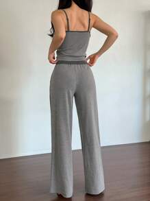 DAZY Stripe Pattern Fitted Camisole Top And Pajama Pants Lounge Wear Set - Grey - View 2