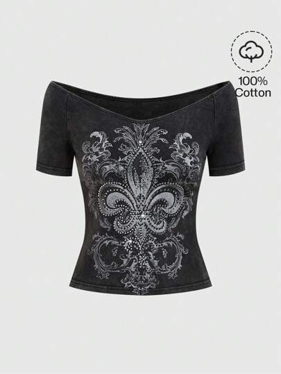 Fairycore Off Shoulder Lily Flower & Vine Printed T-Shirt With Snowflake Hot Drilling