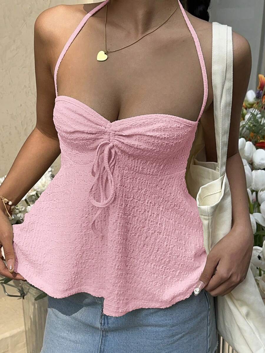 SHEIN EZwear Top de mujer tipo tank de cuello halter de punto con cremallera frontal a media altura en color rosa - Rosa - Ver 1