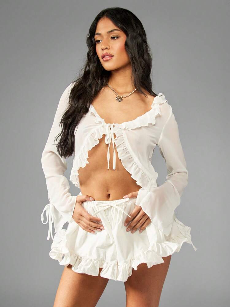 MISSGUIDED Poplin Ruffle Hem Flippy Shorts With Drawstring