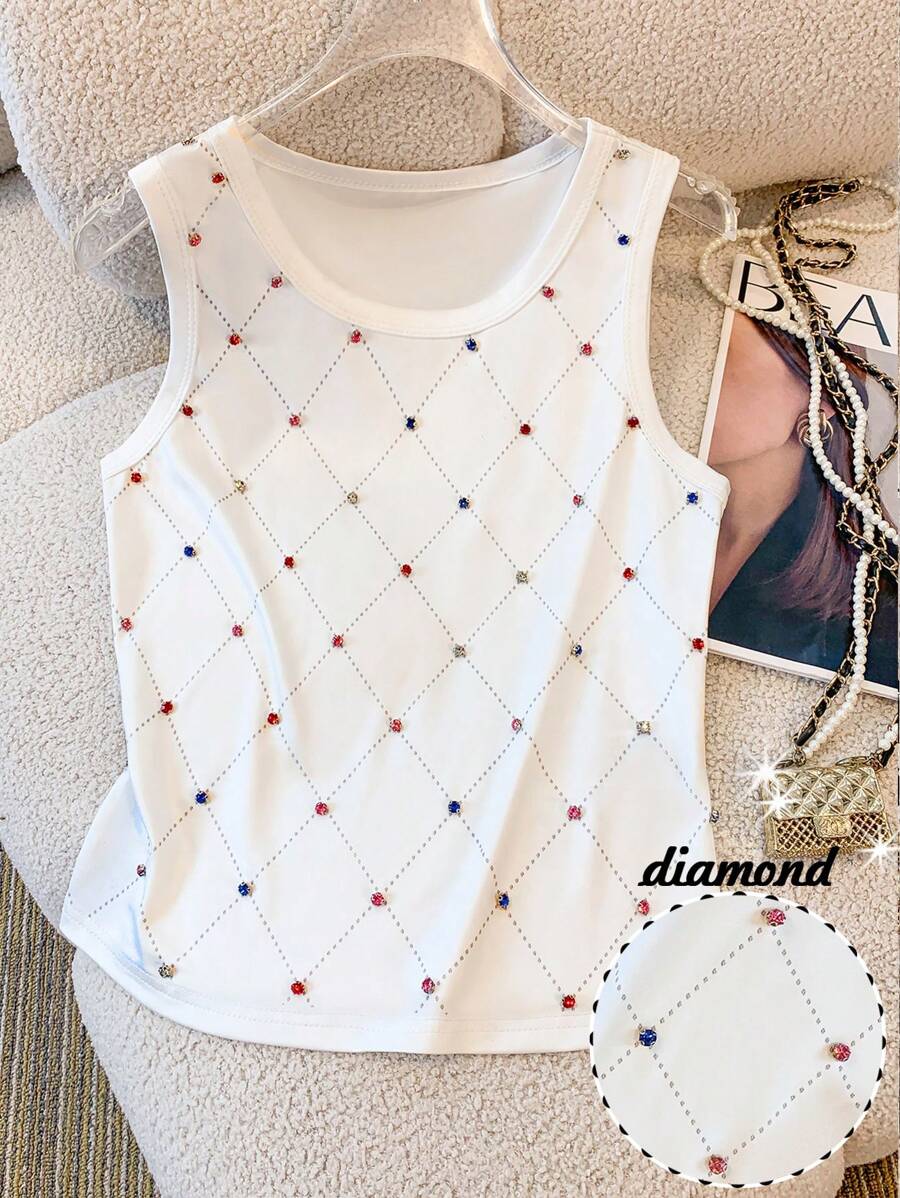 女士夏季时尚水晶装饰吊带背心 - 白色 - 查看 1