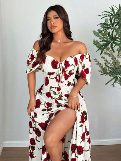 Celure Vestido elegante de talla grande con estampado de rosas y hombros descubiertos con abertura, apto para usar en Semana Santa
